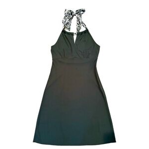 ANN TAYLOR LOFT, BLACK HALTER DRESS WITH BLACK & WHITE PRINT HALTER TIE. SIZE 4